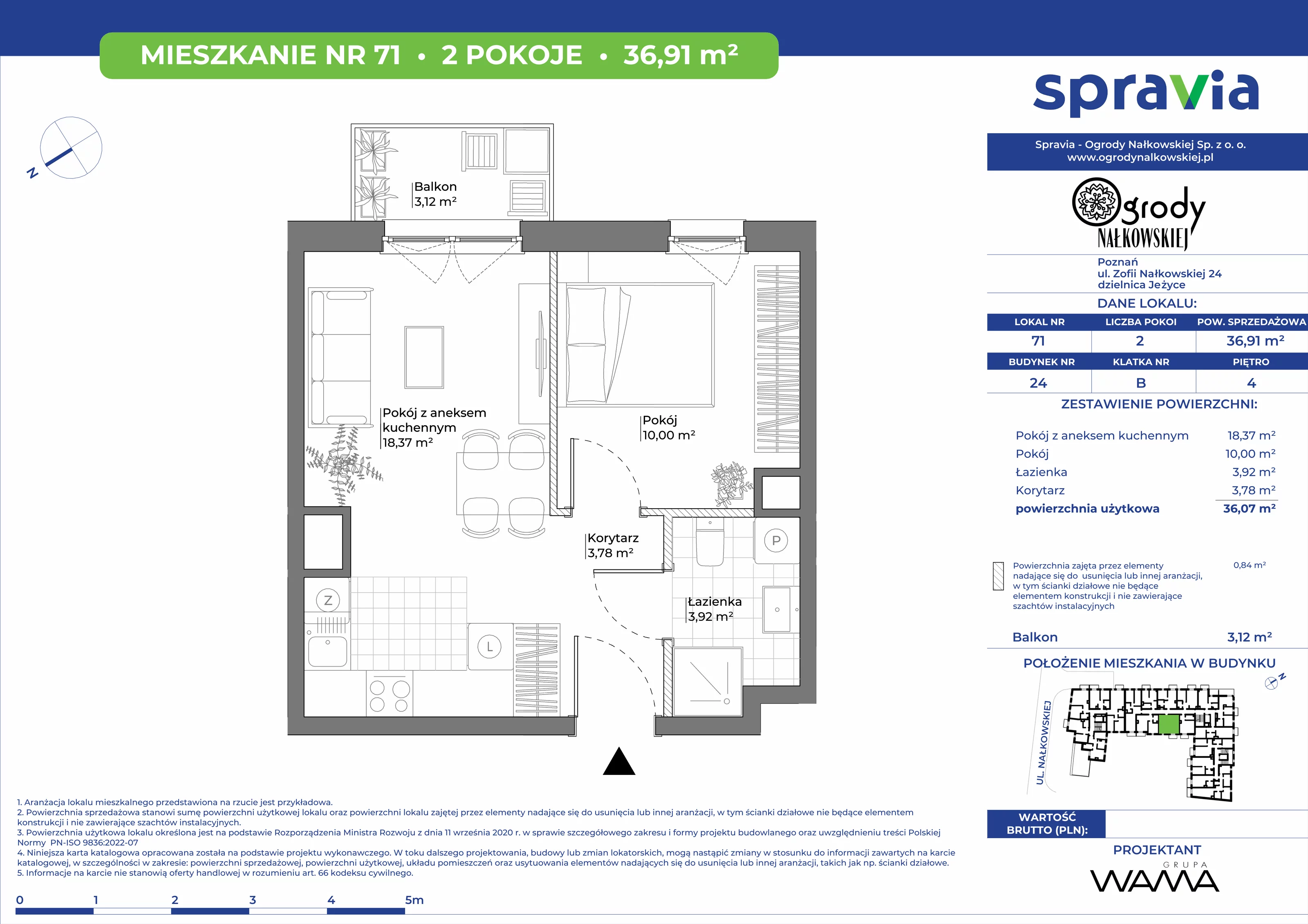 2 pokoje, mieszkanie 36,91 m², piętro 4, oferta nr 24-71, Ogrody Nałkowskiej, Poznań, Ogrody, ul. Nałkowskiej 24, 26